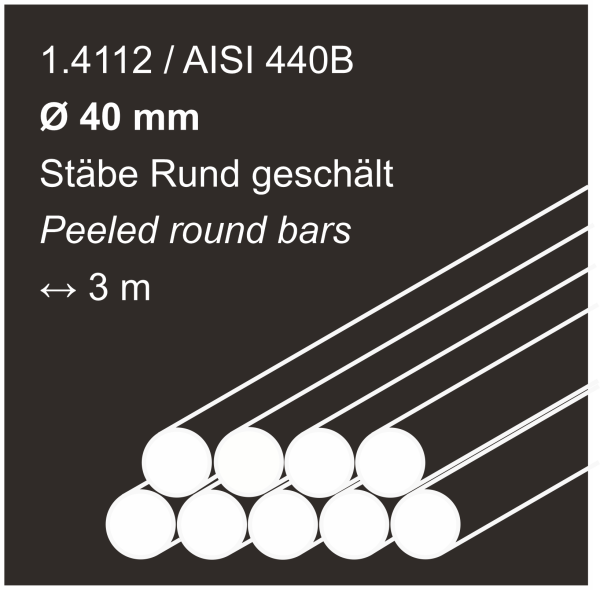 Edelstahlstäbe aus 1.4112 (440B), 40 mm Durchmesser, 3000 mm lang, auf braunem Hintergrund abgebildet